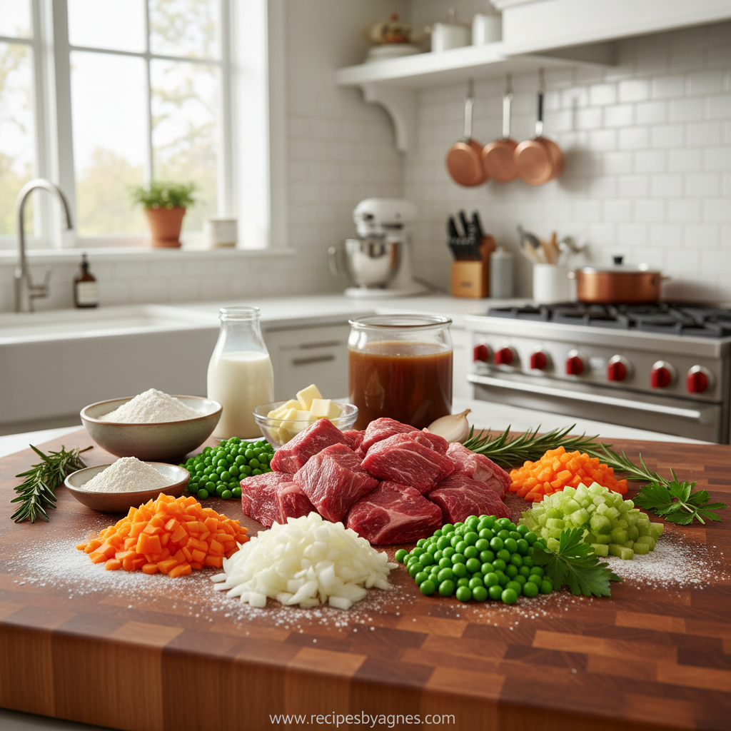 Ingredients for herbed biscuit beef pot pie including beef, vegetables, and herbs
