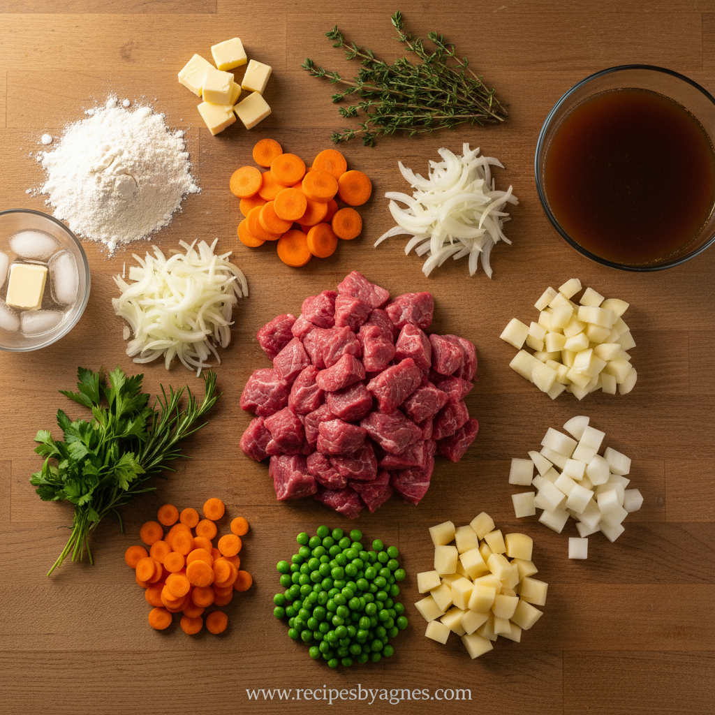 Ingredients for making classic beef pot pie
