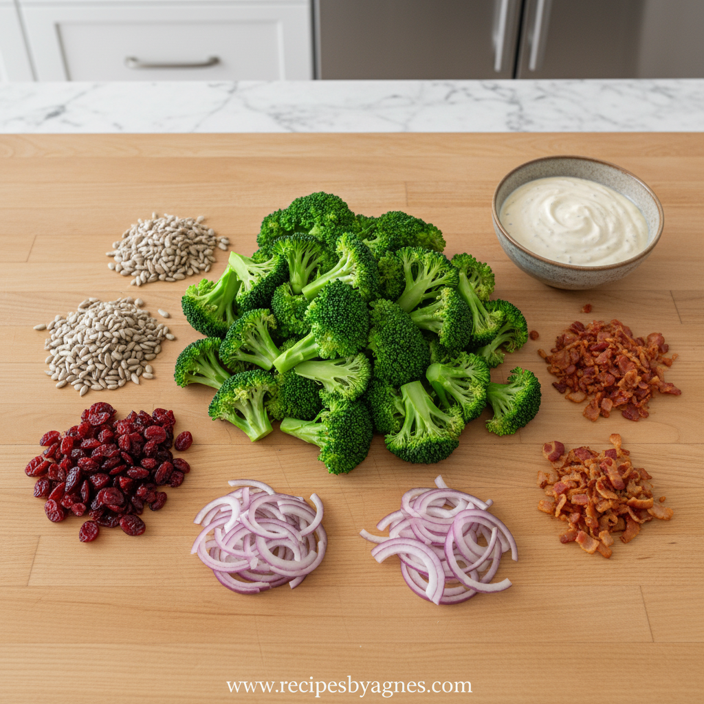 Fresh broccoli salad ingredients arranged beautifully
