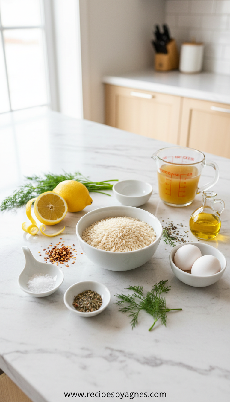 Ingredients for lemon rice soup including rice varieties and lemons