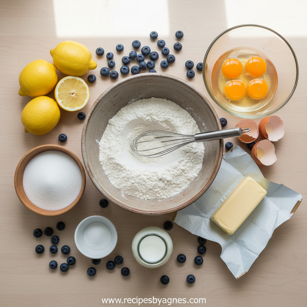 Fresh ingredients for blueberry lemon loaf including lemons, blueberries, flour, and eggs