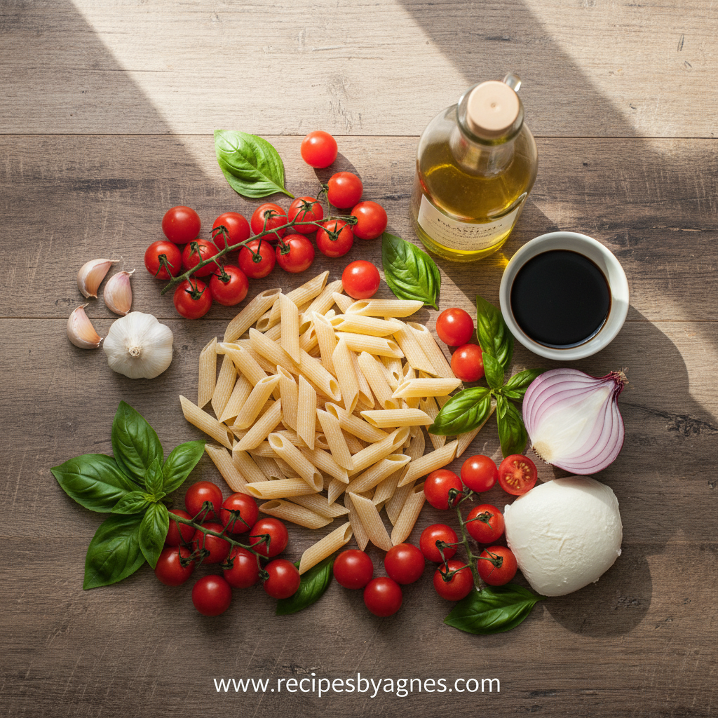 Fresh ingredients for bruschetta pasta salad including tomatoes, basil, and pasta