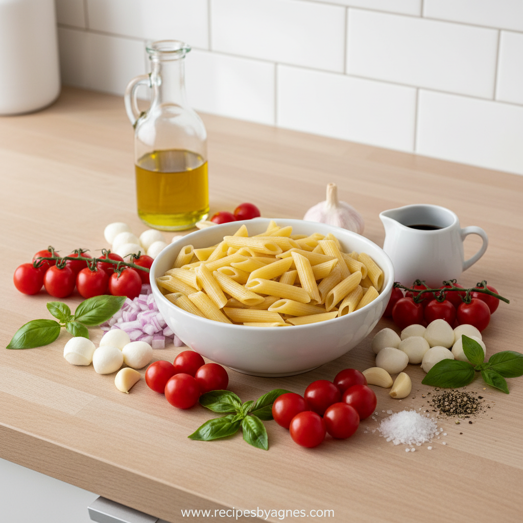 Ingredients for bruschetta pasta salad: pasta, tomatoes, basil, mozzarella