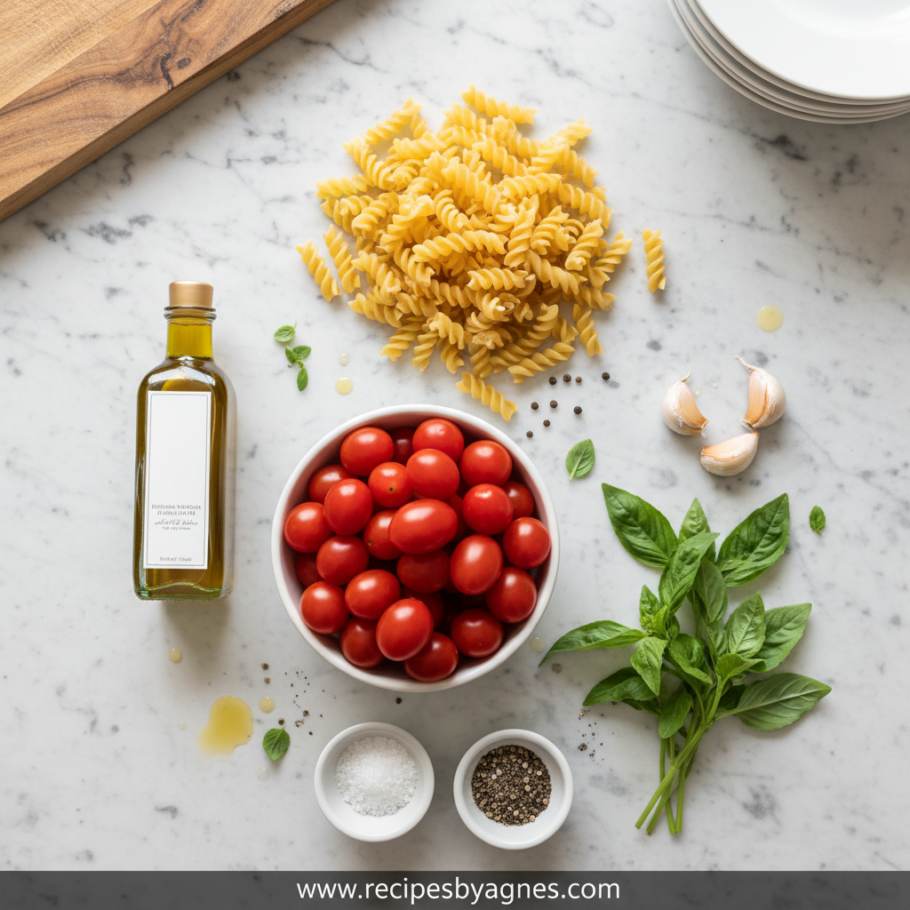Bruschetta pasta ingredients: tomatoes, basil, garlic, olive oil