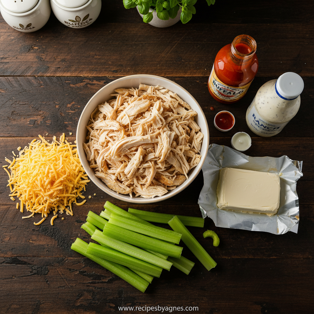 Ingredients for buffalo chicken dip including cream cheese, chicken, and buffalo sauce