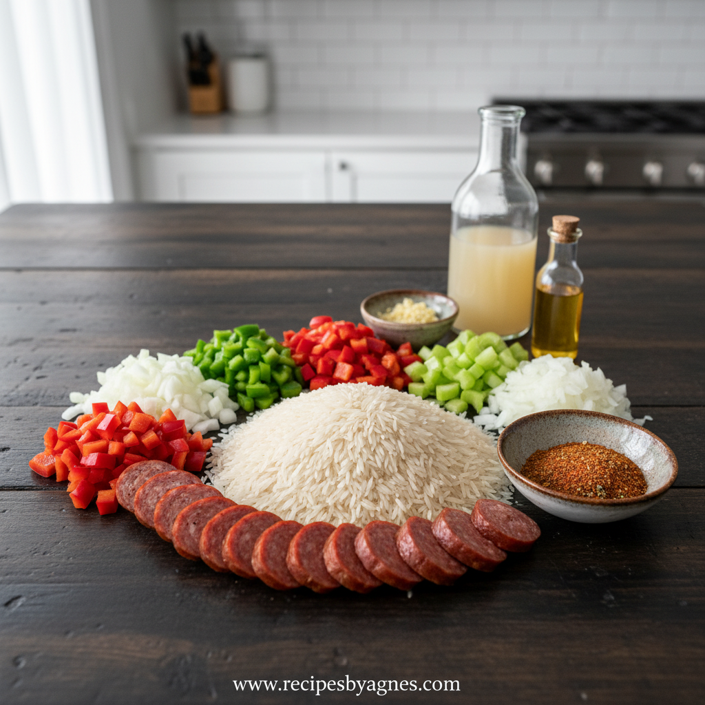 Ingredients for Cajun sausage rice skillet