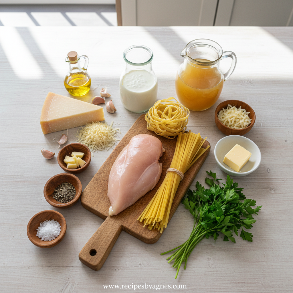 Ingredients for cheesy chicken Alfredo pasta