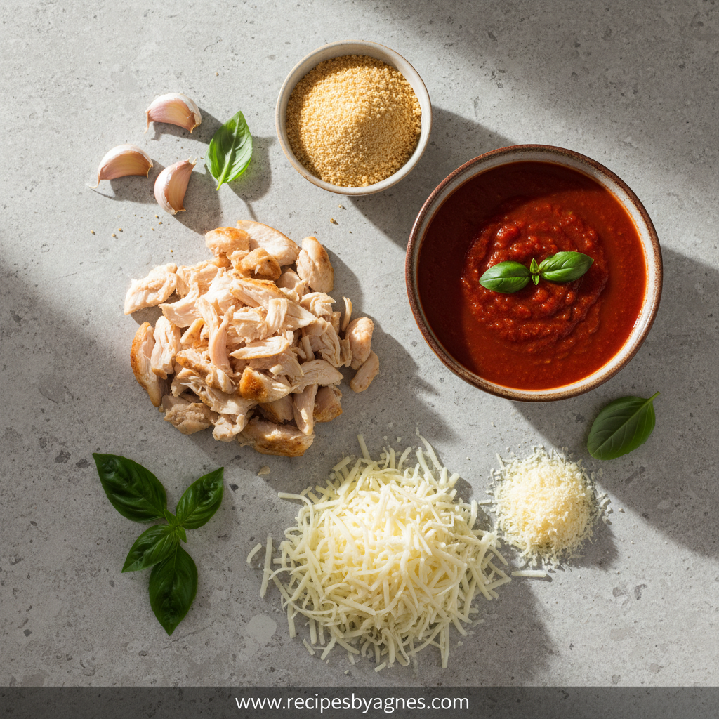 Ingredients for chicken parmesan casserole on counter