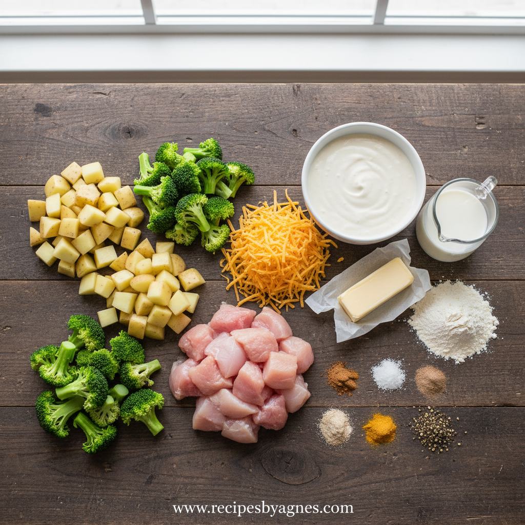 Fresh ingredients for chicken potato broccoli casserole on counter