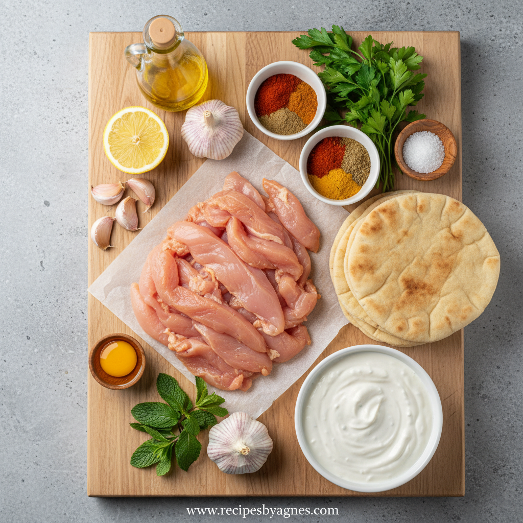 Ingredients for chicken shawarma marinade and garlic sauce