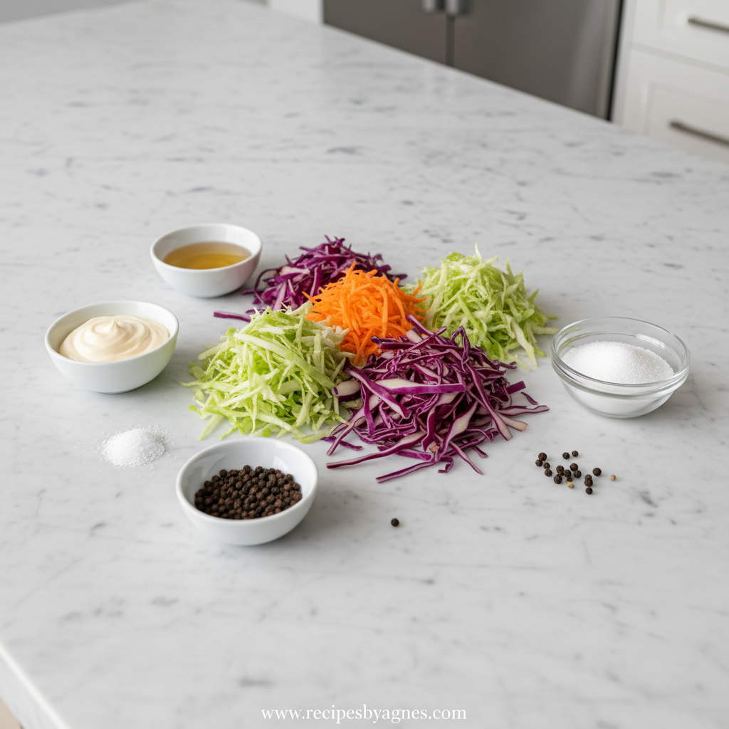 Fresh ingredients for homemade coleslaw including cabbage, carrots, and dressing components