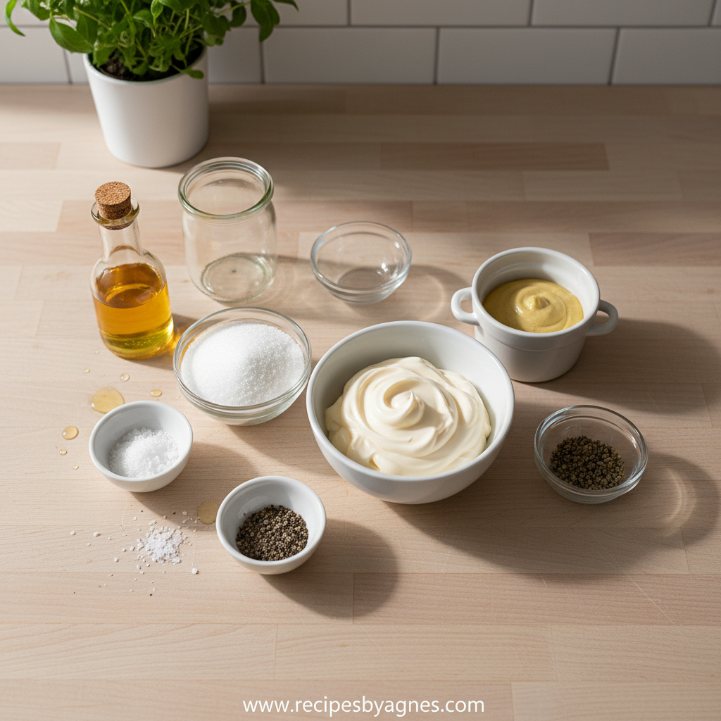 Ingredients for sweet tangy coleslaw dressing including mayonnaise, vinegar, sugar, and seasonings