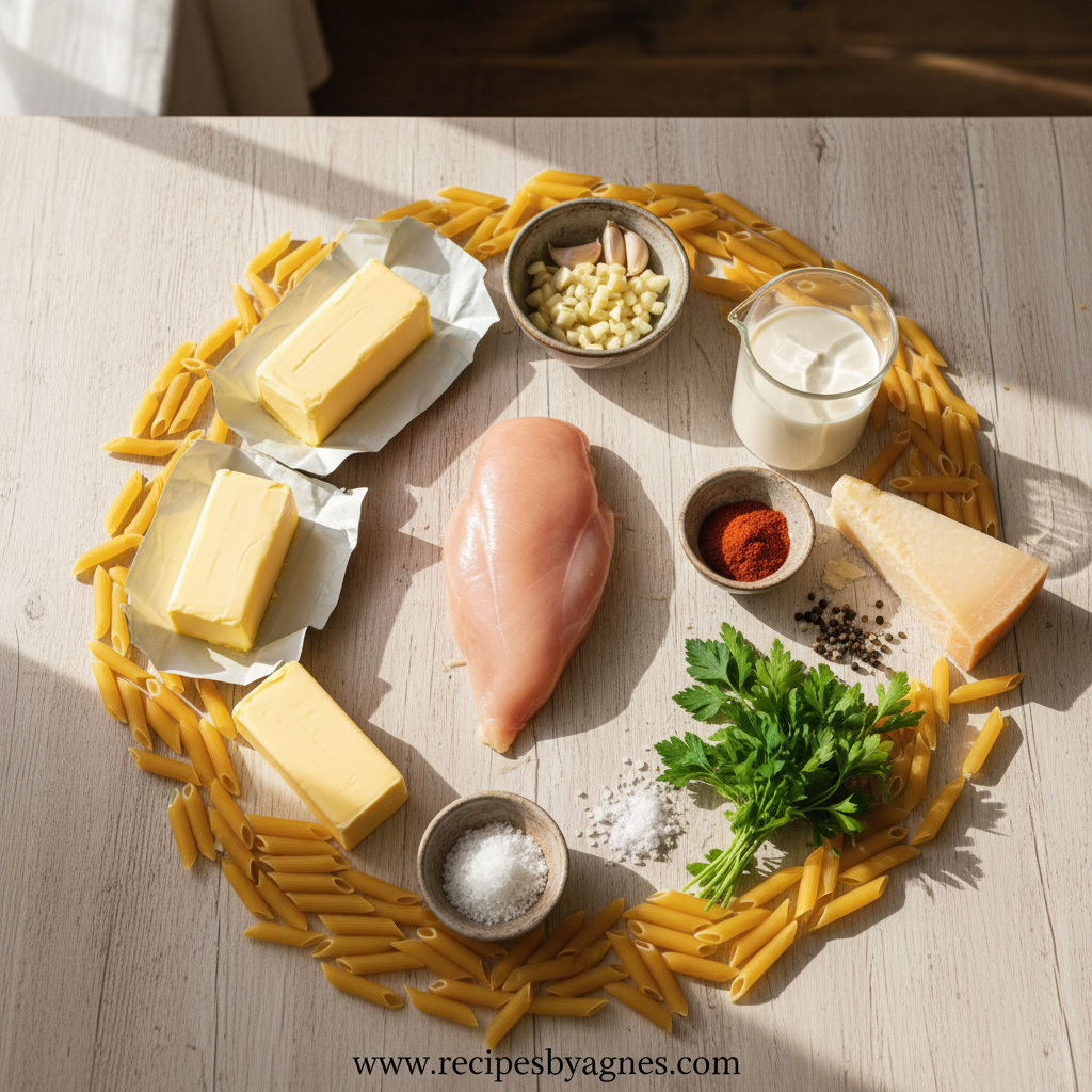 Ingredients for comfort chicken pasta including chicken, pasta, garlic, and spices