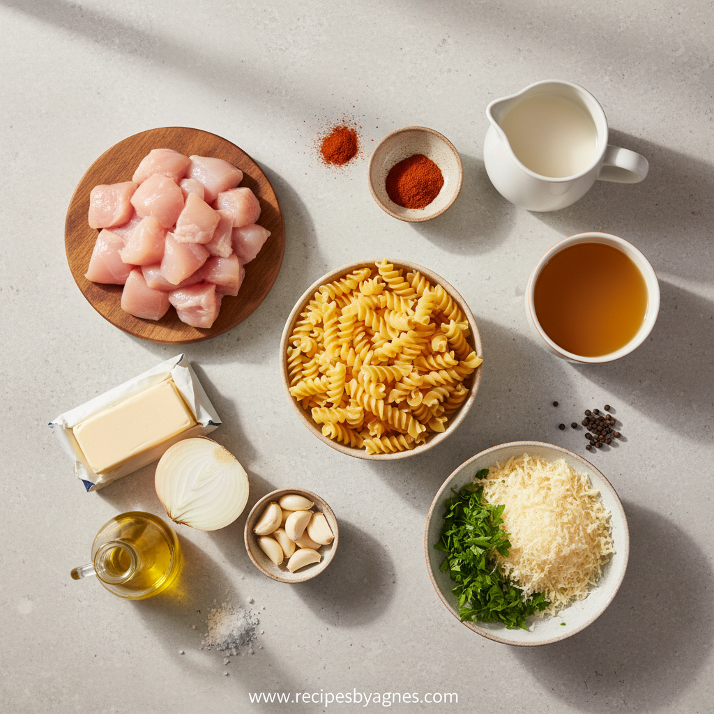 Ingredients for smoky garlic butter chicken pasta