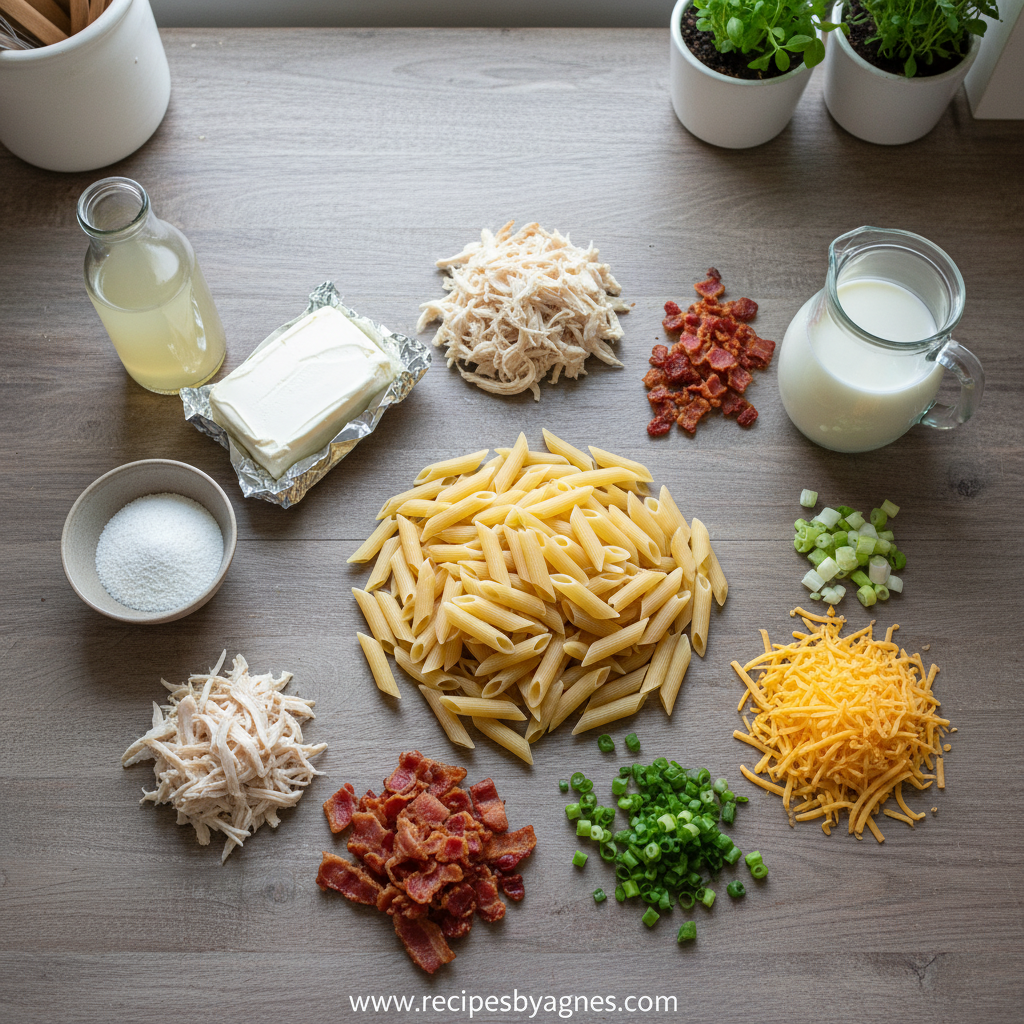 Ingredients for creamy chicken pasta including pasta, chicken, cheese, and seasonings