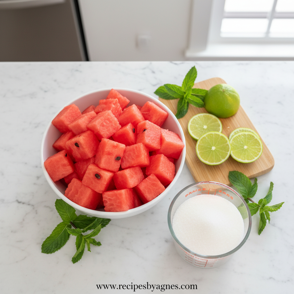 Fresh watermelon, lime, and honey ingredients for sorbet