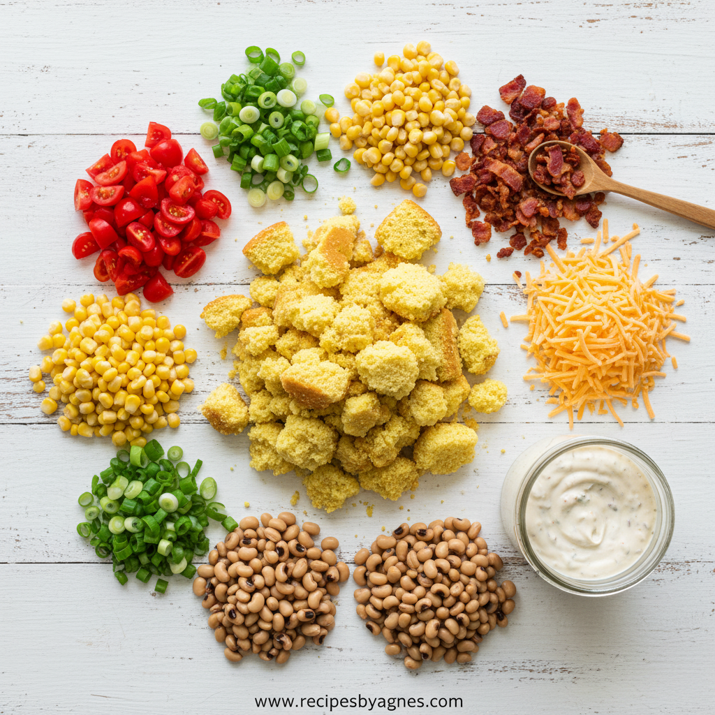 Ingredients for crumbled cornbread salad including cornbread, vegetables, and dressing