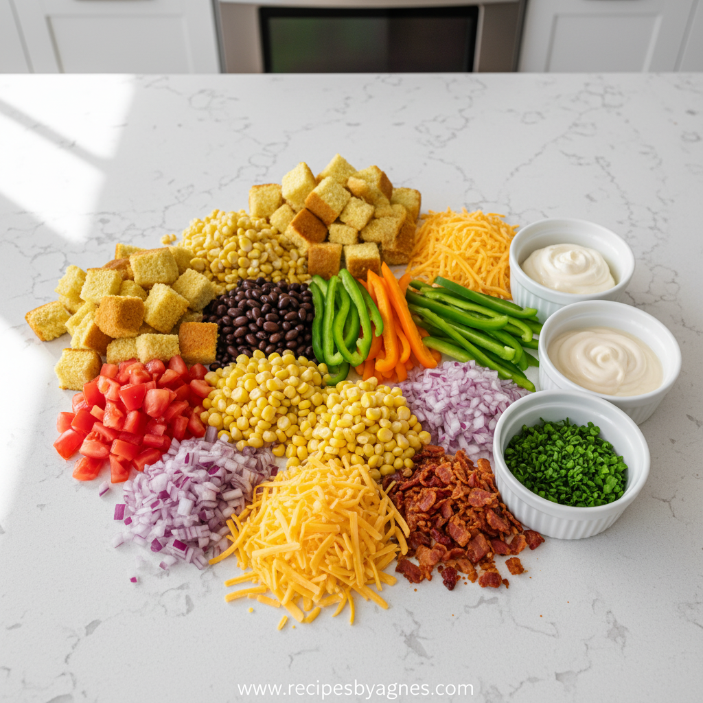 Fresh ingredients for cornbread salad arranged on counter