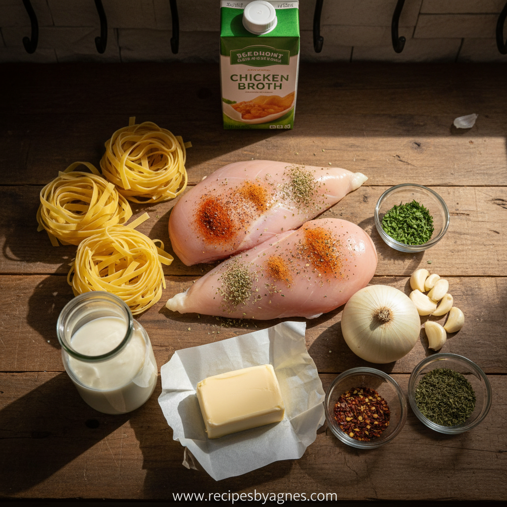 Ingredients for cowboy butter chicken pasta including chicken, pasta, butter, and seasonings