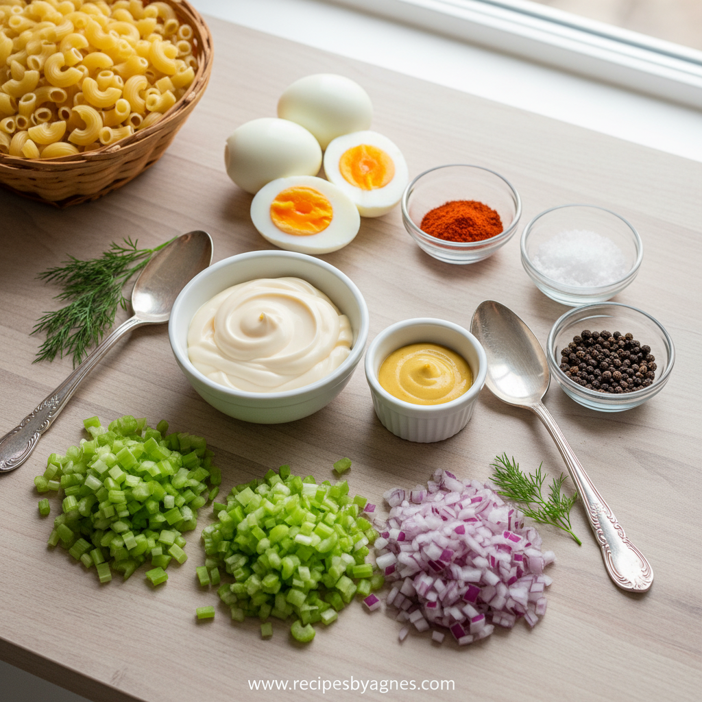 Ingredients for creamy deviled egg pasta salad including pasta, eggs, and vegetables