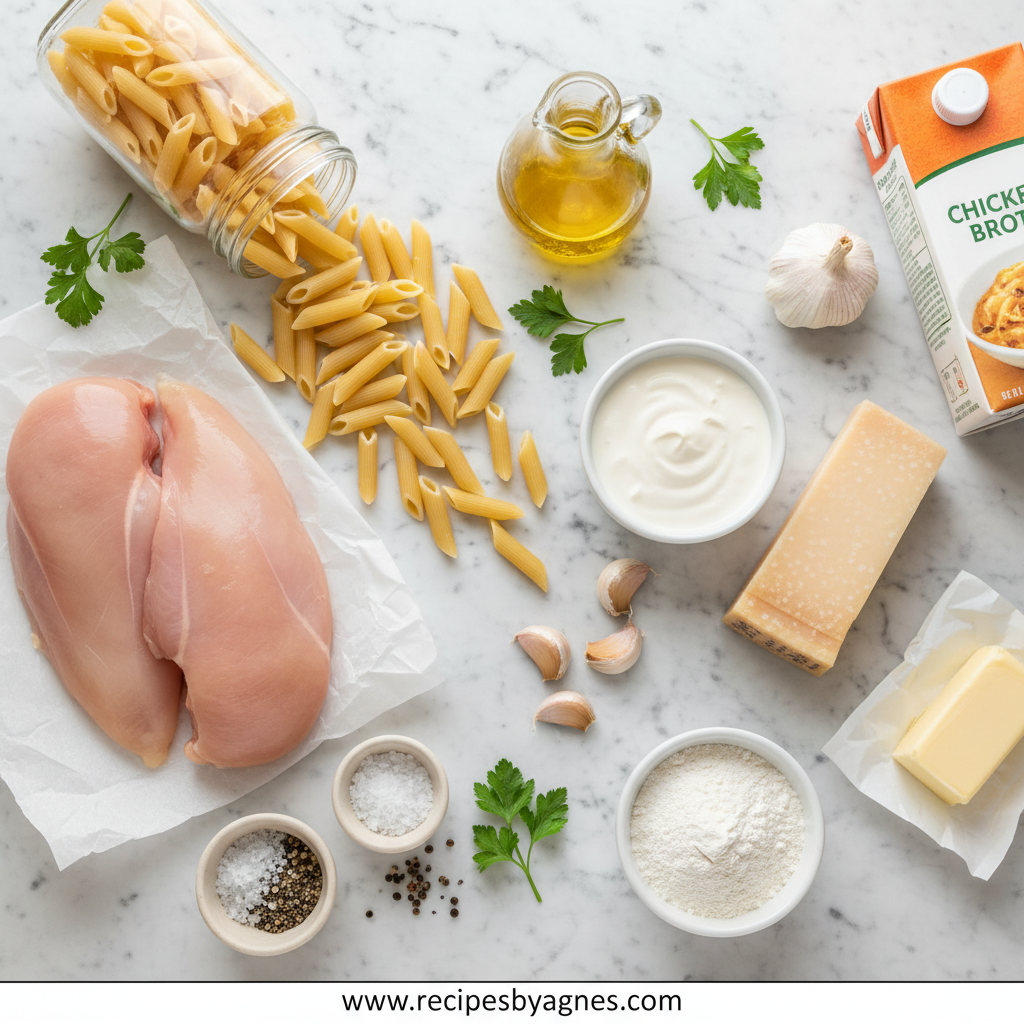 Ingredients for garlic parmesan chicken pasta