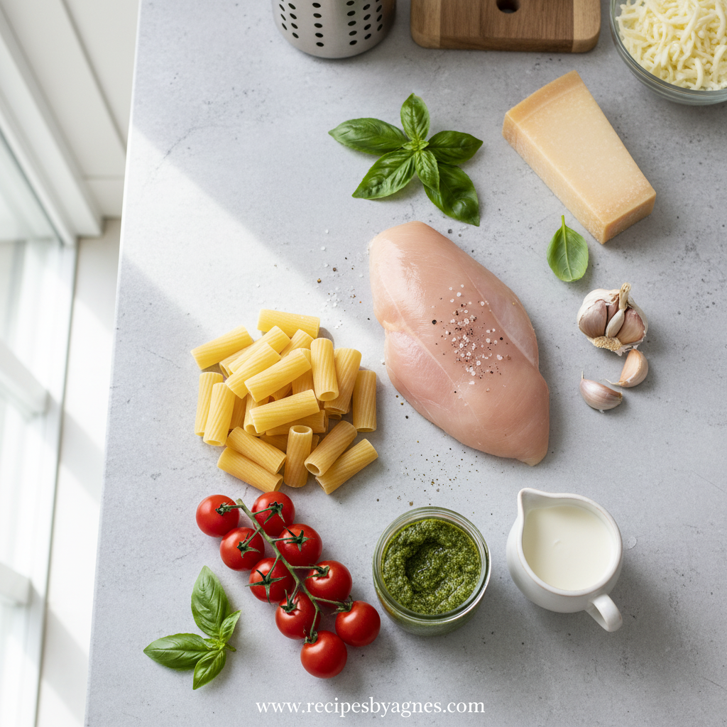 Ingredients for creamy pesto chicken pasta bake