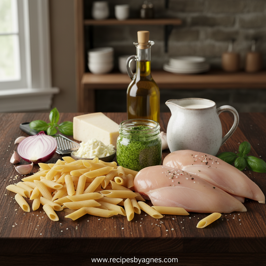 Ingredients for creamy pesto chicken pasta bake