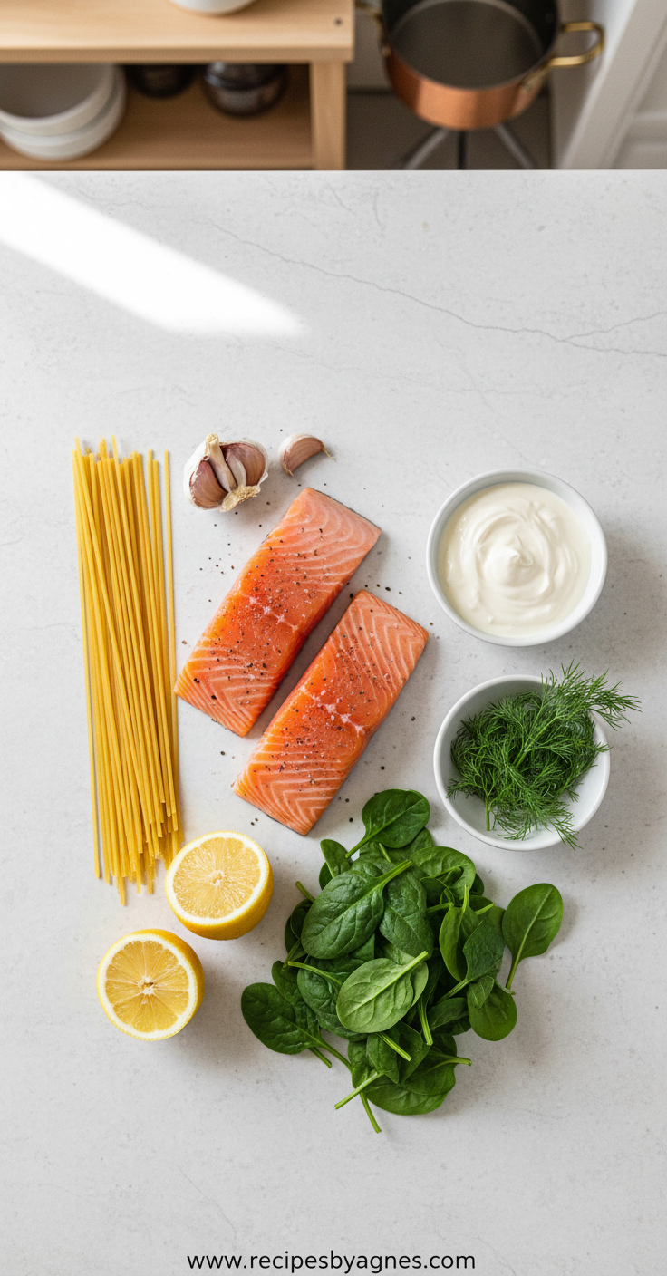 Ingredients for creamy salmon pasta on wooden board