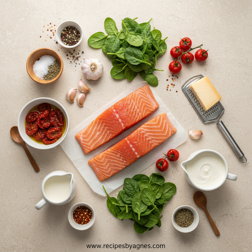 Ingredients for creamy Tuscan salmon recipe