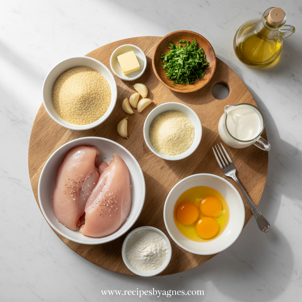 Ingredients for crispy Parmesan chicken with garlic sauce