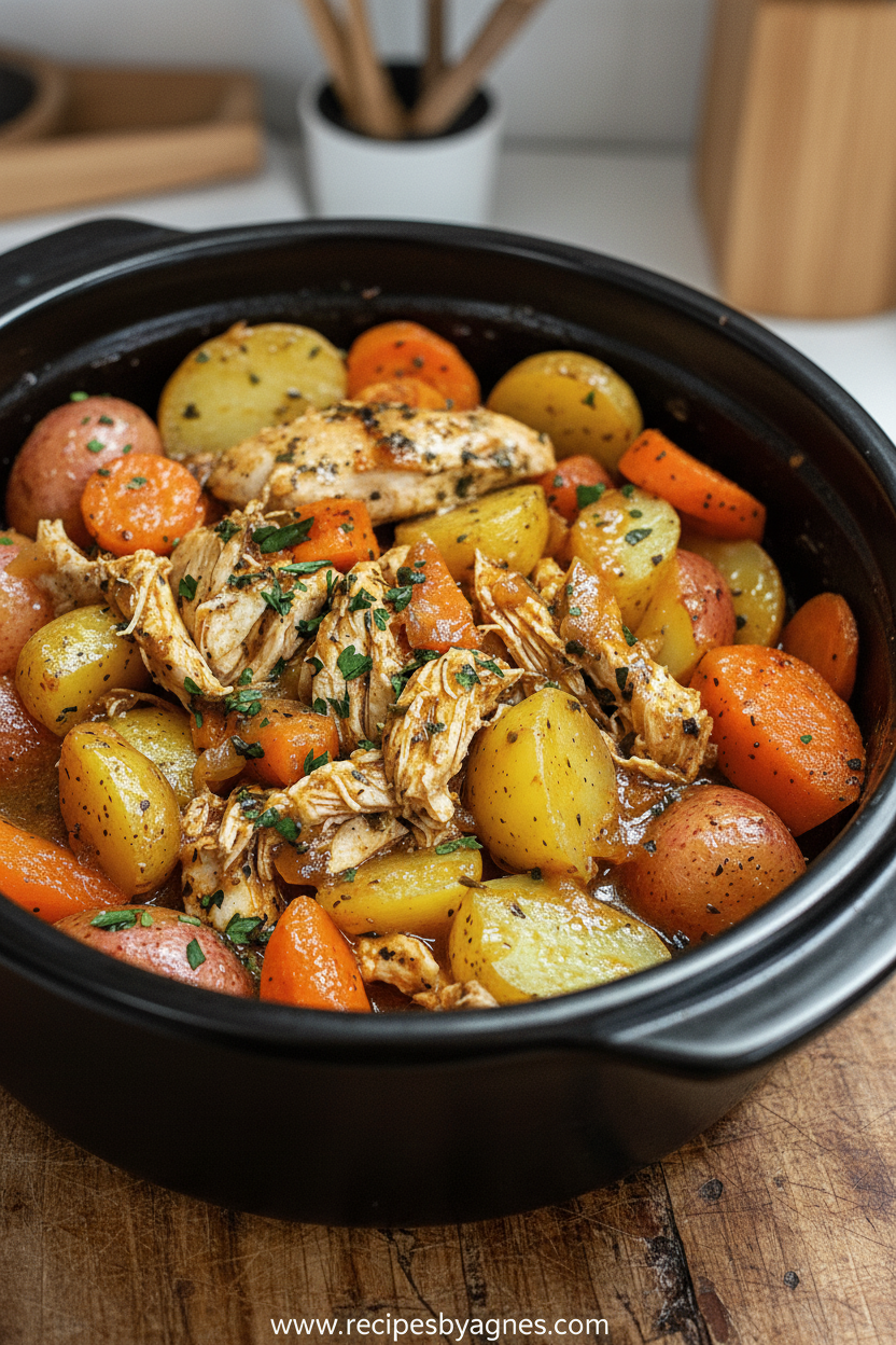 Crock pot garlic butter chicken with golden potatoes and carrots ready to serve