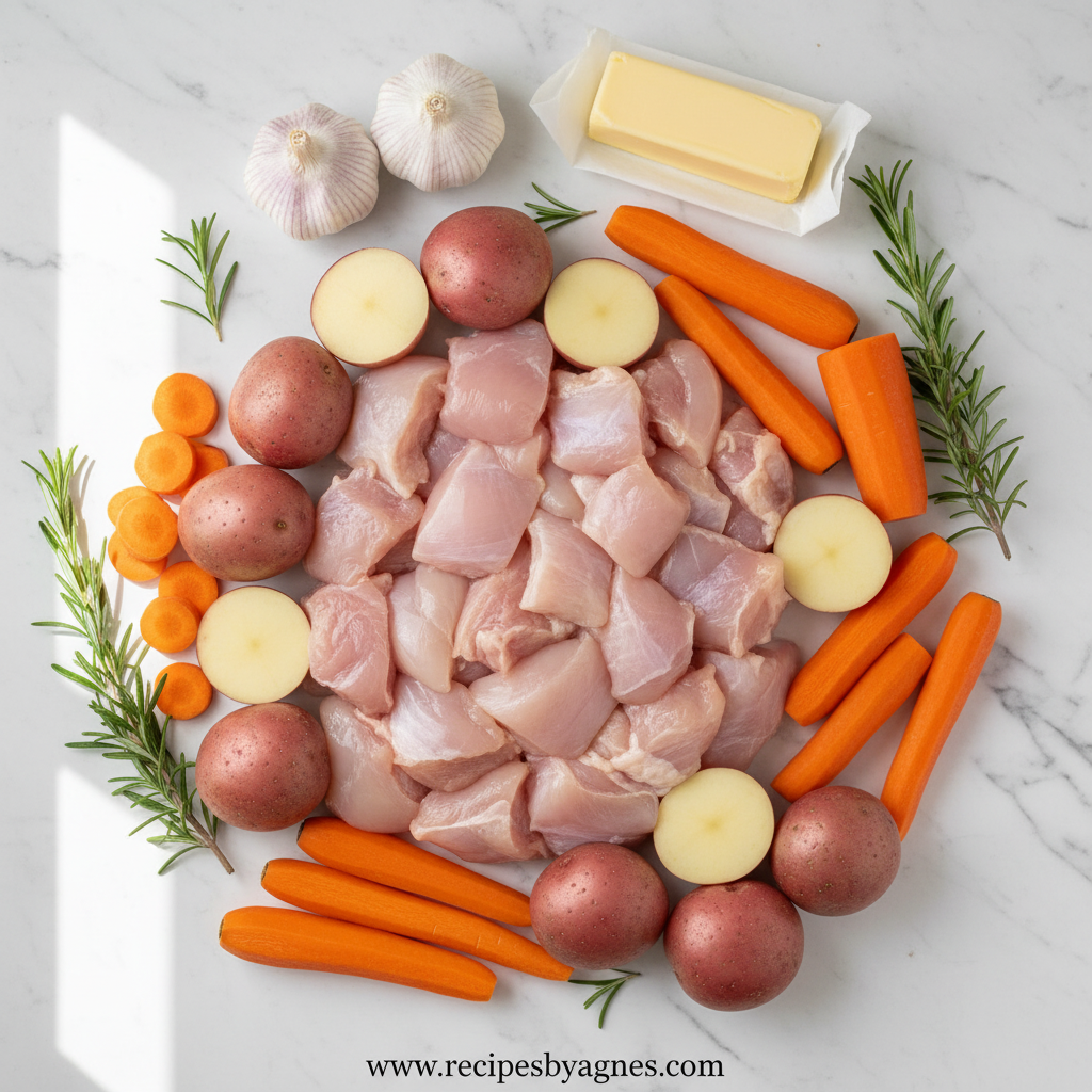 Fresh ingredients for garlic butter chicken including chicken thighs, potatoes, carrots, garlic and herbs