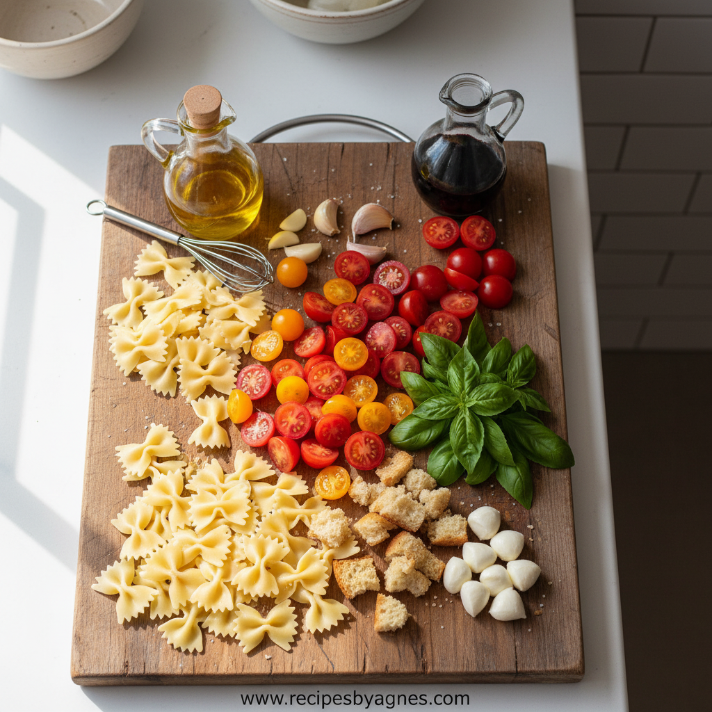 Ingredients for bruschetta pasta salad