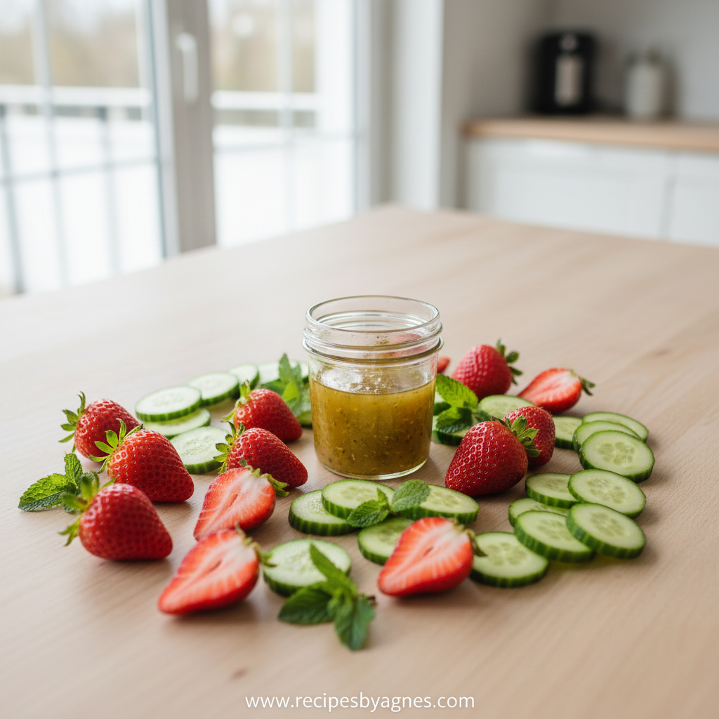 Fresh ingredients for cucumber strawberry salad including cucumbers, strawberries, mint, and lemon