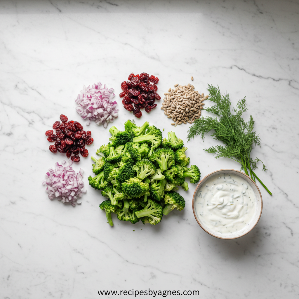 Ingredients for broccoli salad including fresh broccoli, Greek yogurt, and vegetables