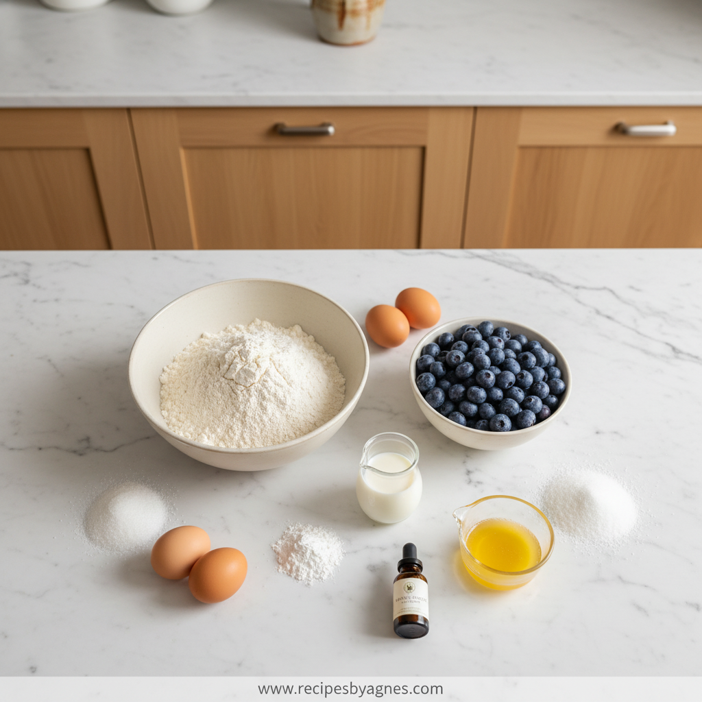 Ingredients for easy blueberry muffins laid out on counter