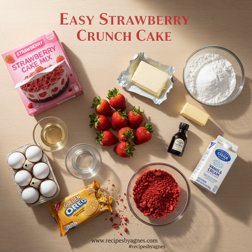 Ingredients for strawberry crunch cake including flour, sugar, eggs, strawberries, and cookies