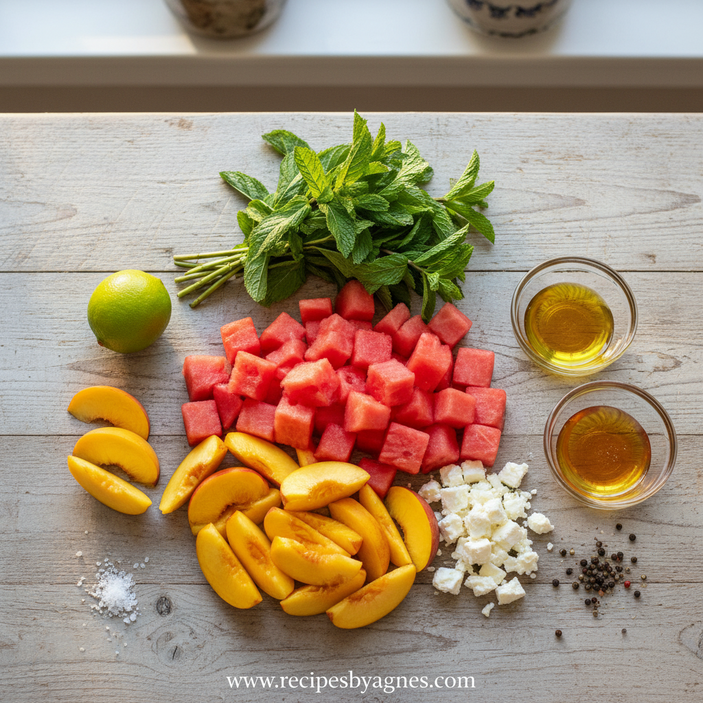 Fresh ingredients for peach watermelon salad including peaches, watermelon, mint, and lime