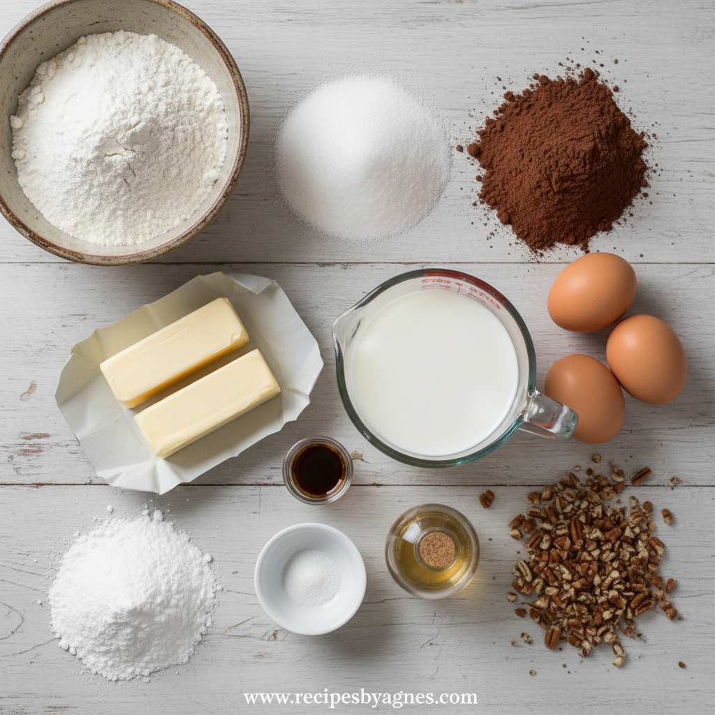 Texas sheet cake ingredients arranged beautifully
