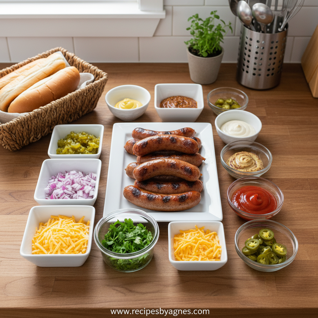 Assorted gourmet hot dog toppings and ingredients spread out beautifully