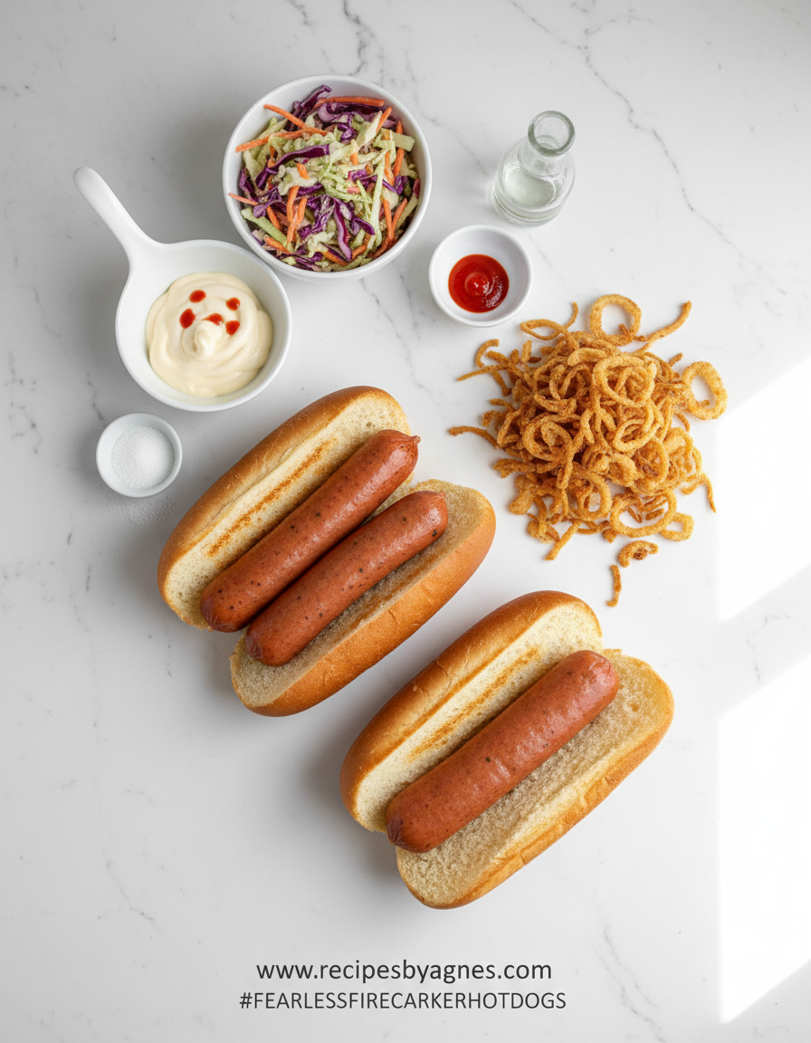 Ingredients for firecracker hot dogs including hot dogs, cabbage, onions, and spices