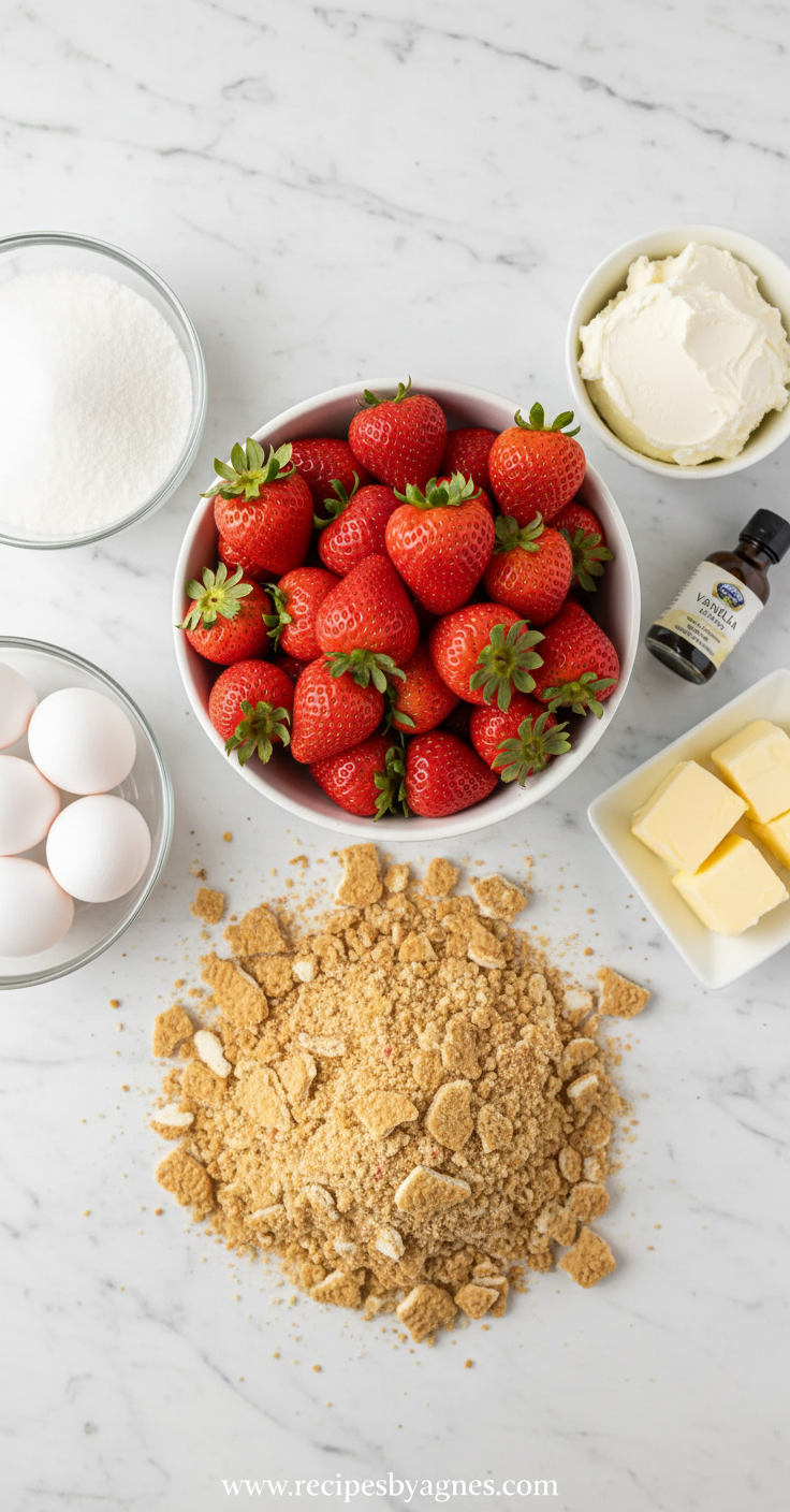 Ingredients for strawberry crunch cake including flour, sugar, eggs, strawberries, and golden oreos
