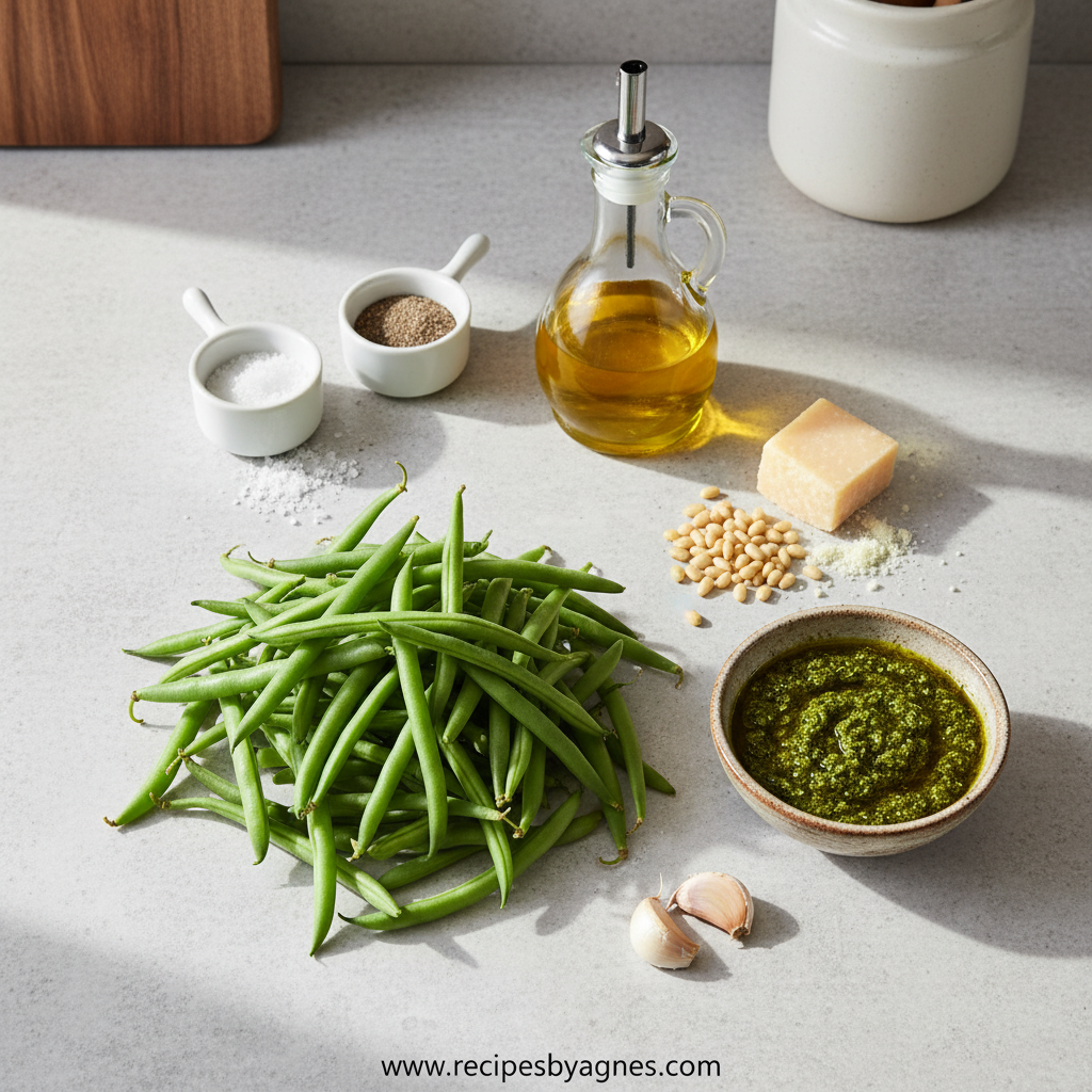 Fresh green beans, basil pesto, garlic, Parmesan cheese, and olive oil ingredients