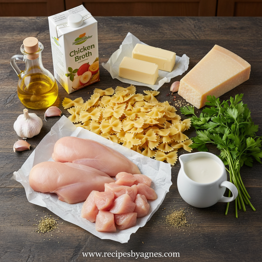 Ingredients for garlic butter chicken pasta on wooden surface