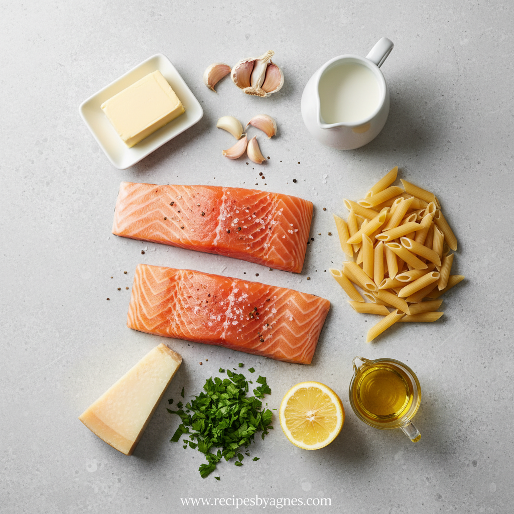 Ingredients for garlic butter salmon pasta
