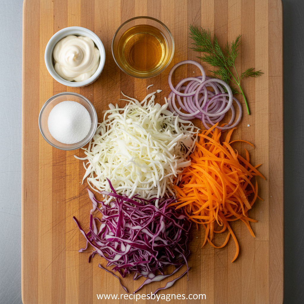 Fresh ingredients for homemade coleslaw including cabbage, carrots, and dressing components