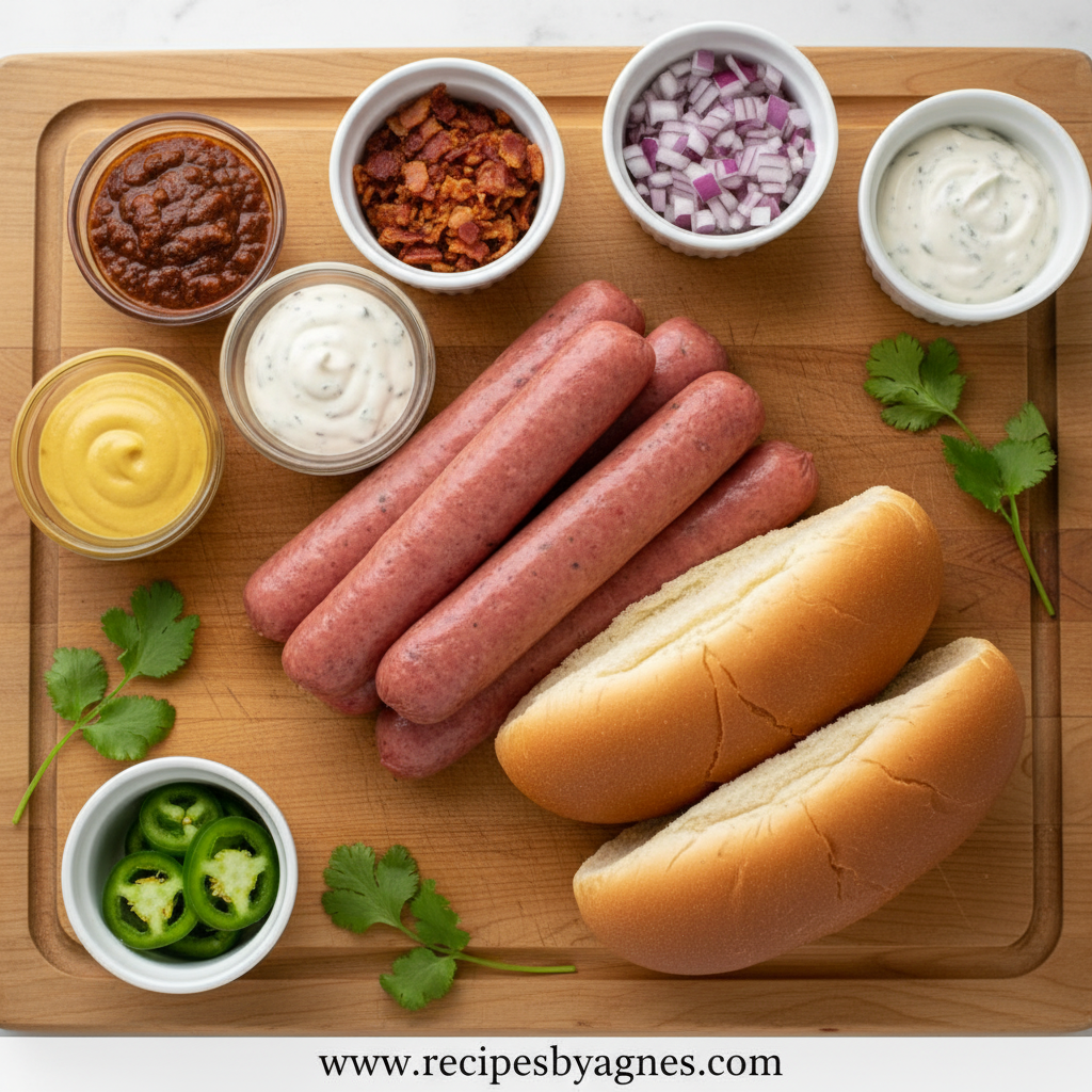 Ingredients for gourmet hot dog toppings including fresh vegetables and sauces