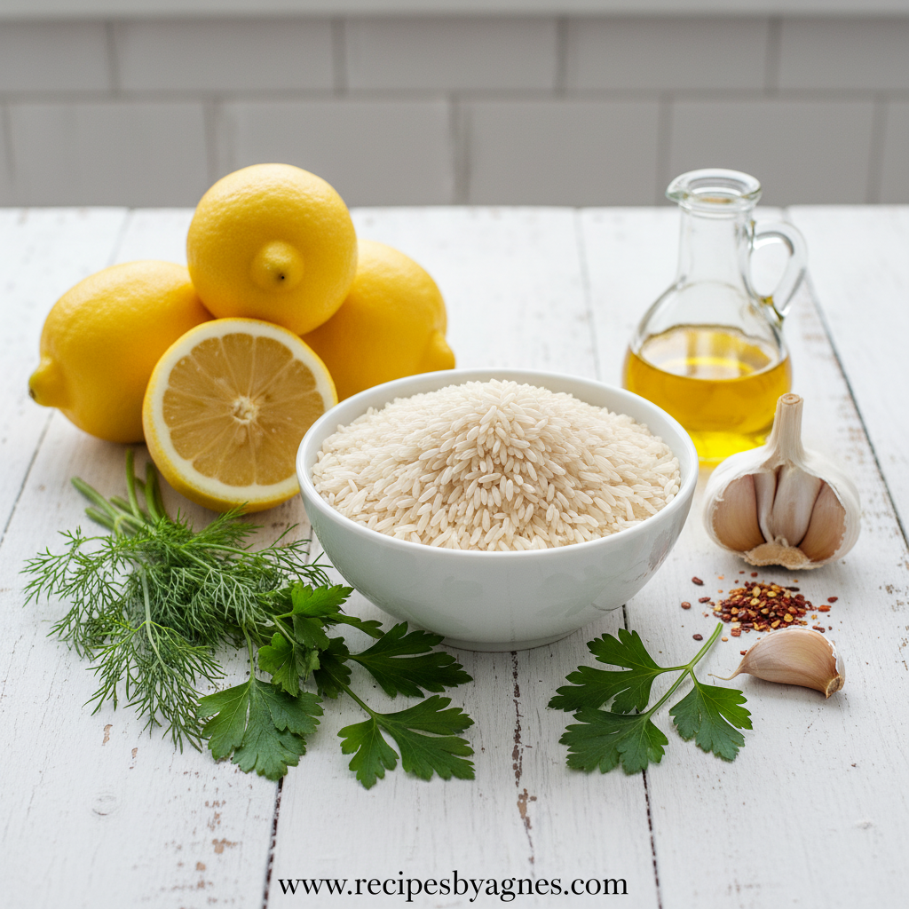 Ingredients for spicy Greek lemon rice including rice, lemons, herbs and spices
