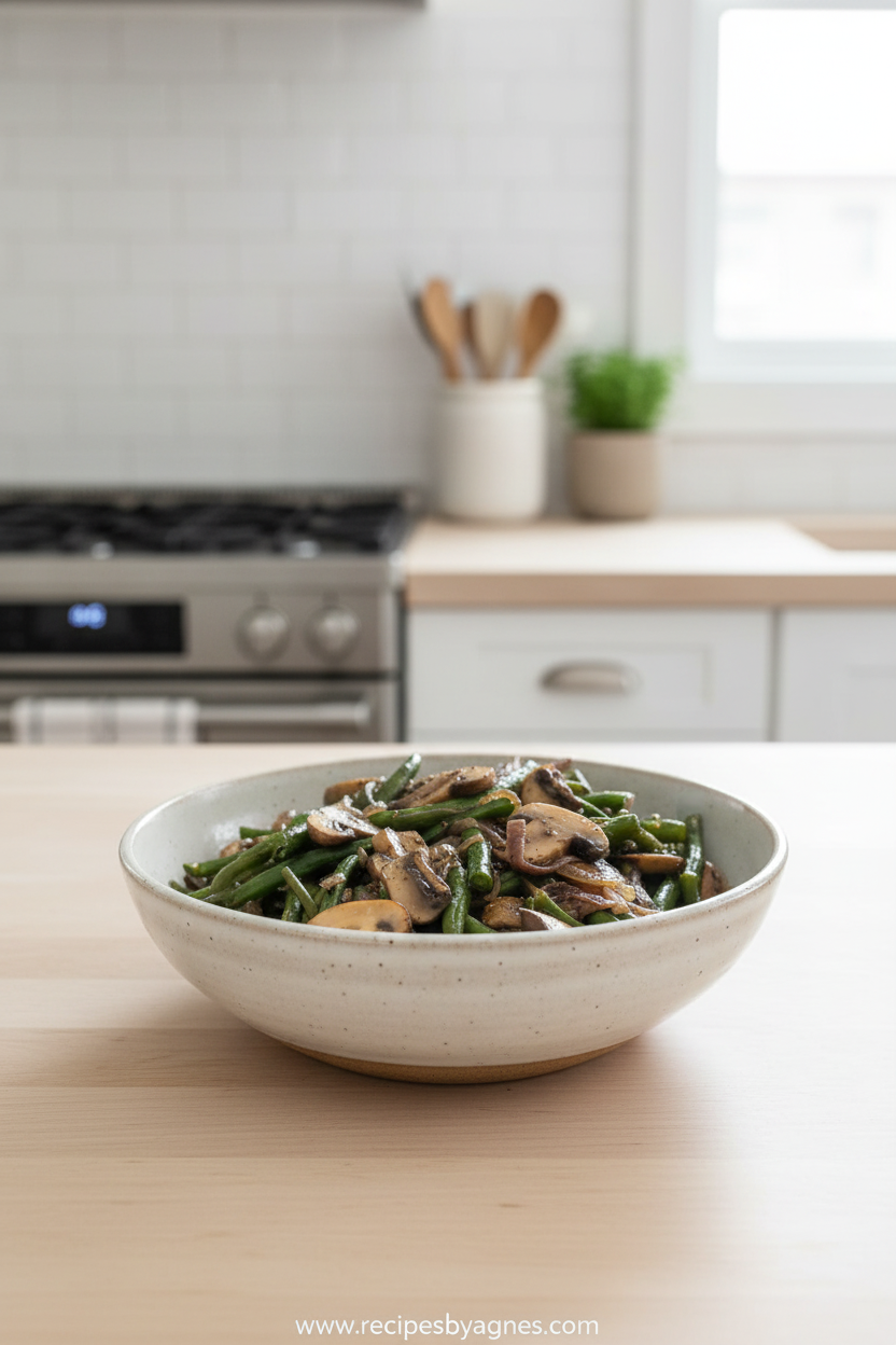 Sautéed green beans and mushrooms in garlic butter sauce