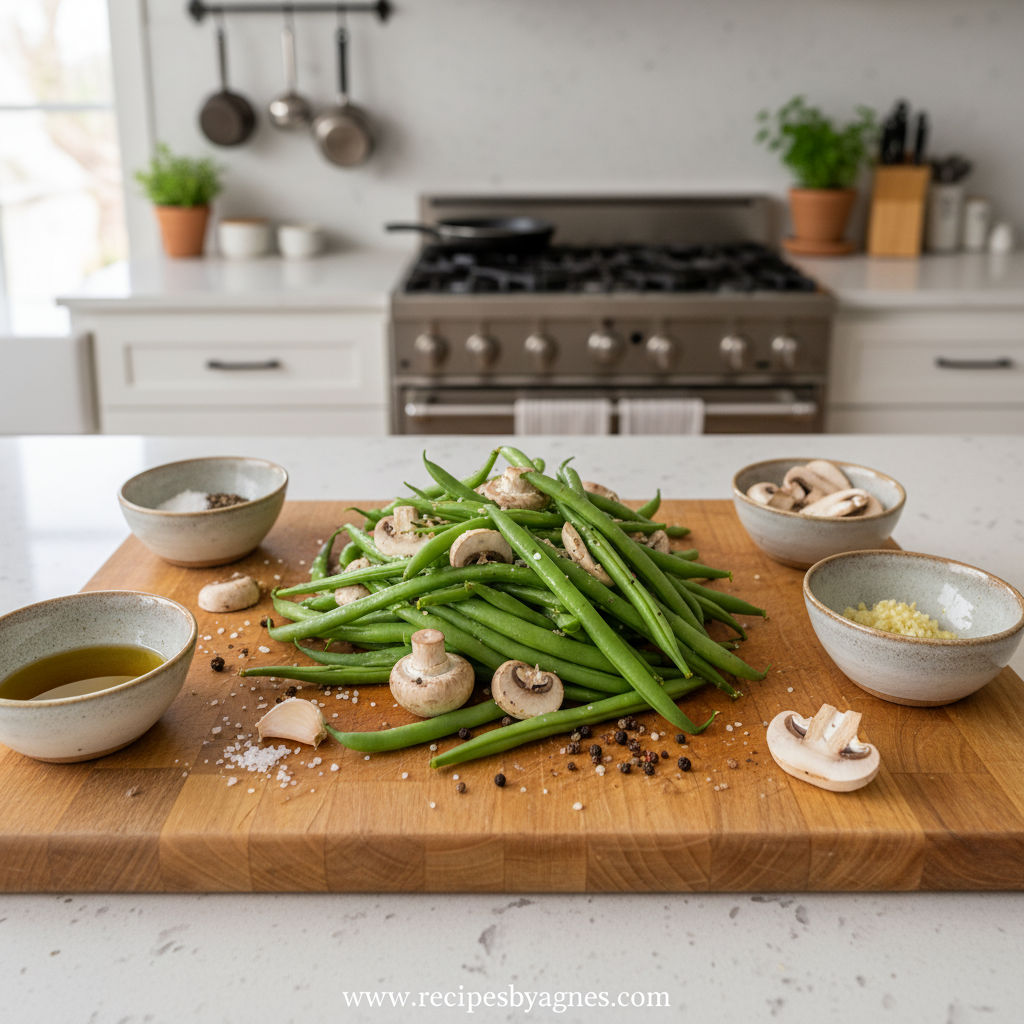 Fresh ingredients for green beans and mushrooms recipe